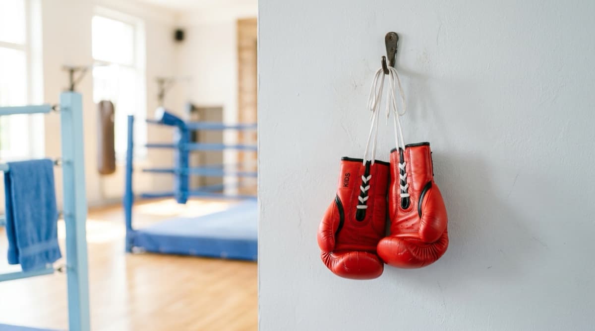 Red kids boxing gloves hanging on a gym wall